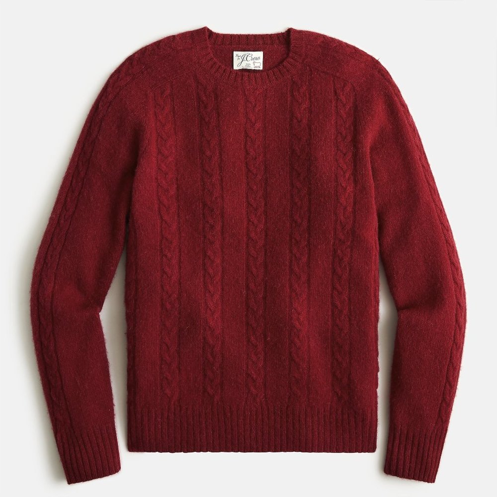 NWT J Crew 100% Wool Brushed Cable Knit Crewneck Sweater in Burgundy Red